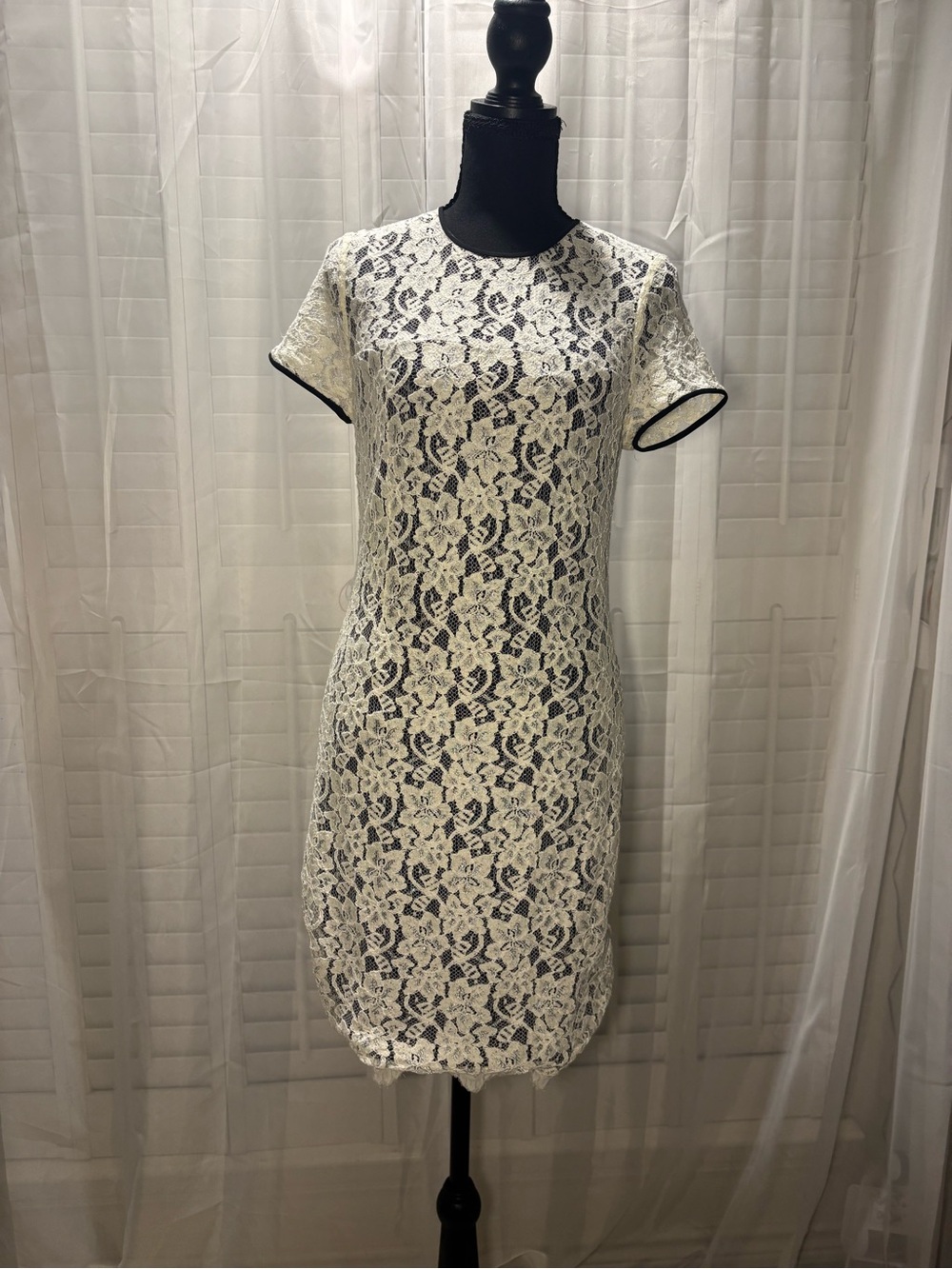 Diane Von Furstenberg White Lace Midi Dress with Black Trim